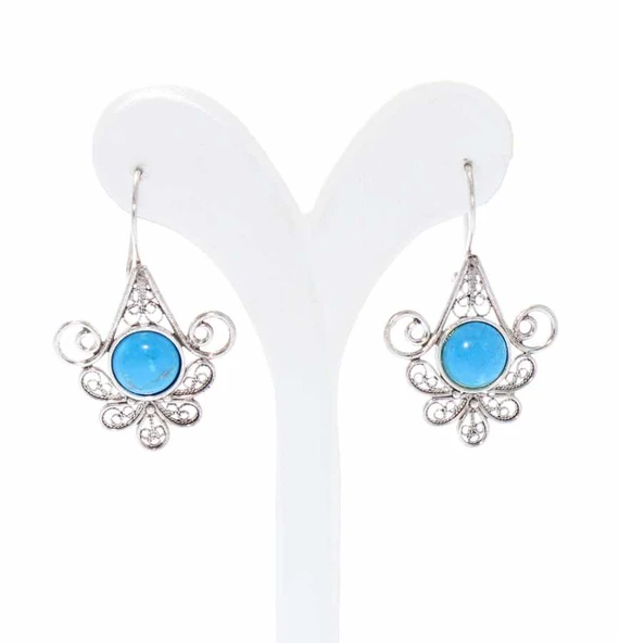 Çiçek Motifli Turkuaz Taşlı 925 Ayar Gümüş Telkari Küpe - Resim 3