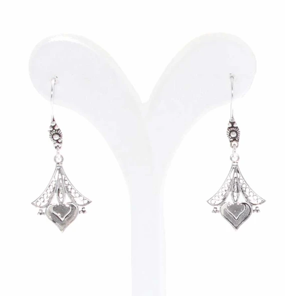 925 Ayar Gümüş Kalp Modeli Avize Şekilli Telkari Küpe - Resim 2