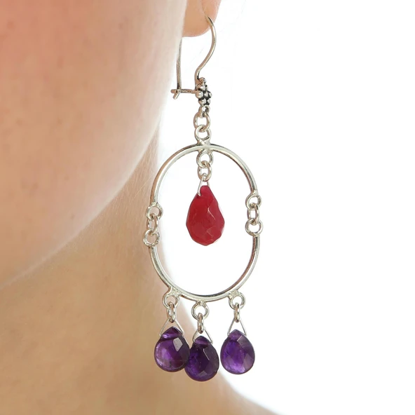 925 Ayar Gümüş Yarım Yuvarlak Damla Yakut Ve Ametist Taşlı Telkari Küpe ürün görseli 1