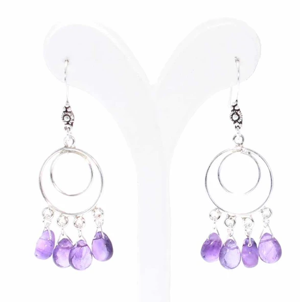 925 Ayar Gümüş Çift Yuvarlak Ametist Taşlı Telkari Küpe - Resim 3