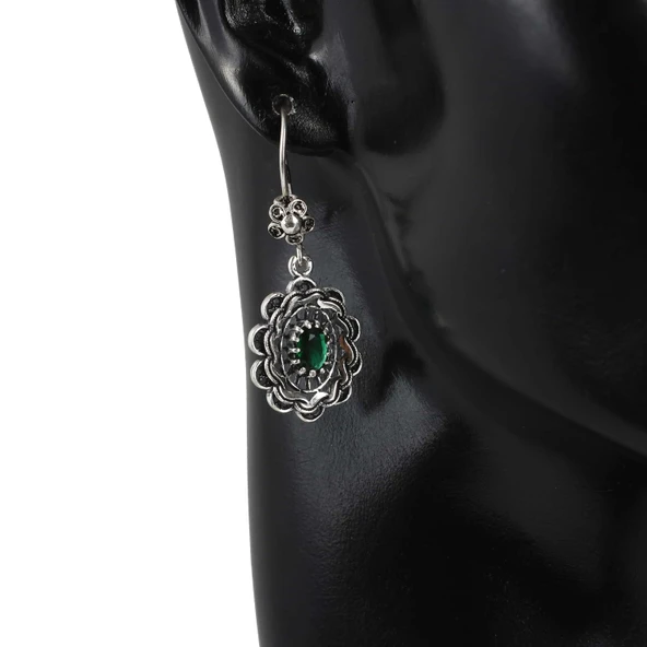 Çiçek Motifli Zümrüt Taşlı 925 Ayar Gümüş Telkari Küpe - Resim 2