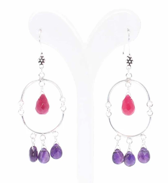 925 Ayar Gümüş Yarım Yuvarlak Damla Yakut Ve Ametist Taşlı Telkari Küpe - Resim 3