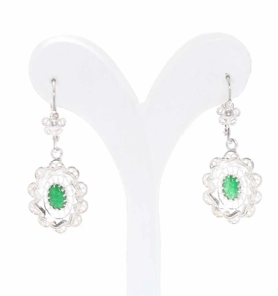 Çiçek Motifli Zümrüt Taşlı 925 Ayar Gümüş Telkari Küpe - Resim 4