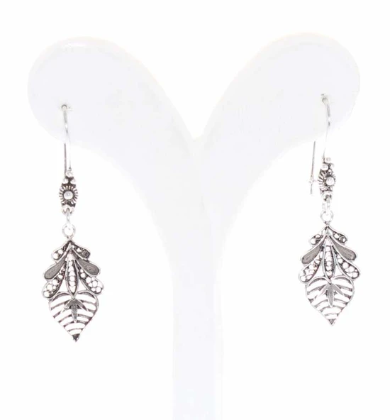 925 Ayar Gümüş Kakao Yaprağı Telkari Küpe - Resim 2