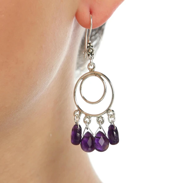 925 Ayar Gümüş Çift Yuvarlak Ametist Taşlı Telkari Küpe - Resim 4