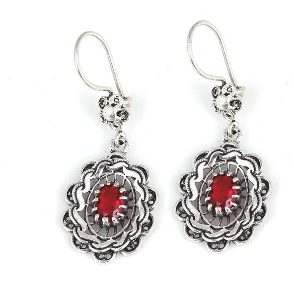 Çiçek Motifli Yakut Taşlı 925 Ayar Gümüş Telkari Küpe ürün görseli 1