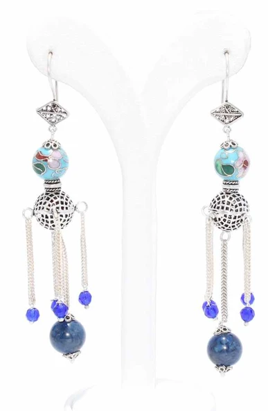 925 Ayar Gümüş Delikli top ve Lapis Taşlı Telkari Küpe ürün görseli