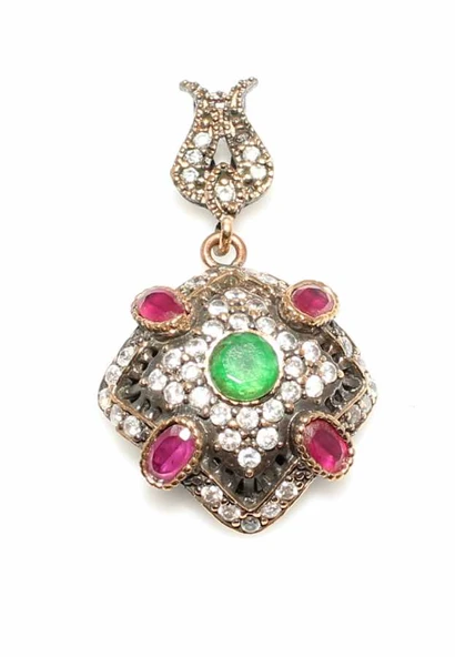 925 Ayar Gümüş Bronz Karışımı Minik Yakut, Zümrüt Kolye Ucu