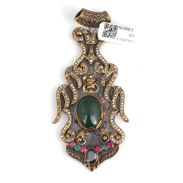 925 Ayar Gümüş ve Bronz Karışımı Yakut, Zümrüt ve Zirkon Taş Otantik Kolye Ucu ürün görseli