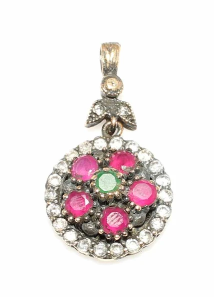 925 Ayar Gümüş Bronz Karışımı Minik Yakut ve Zümrüt Kolye Ucu ürün görseli