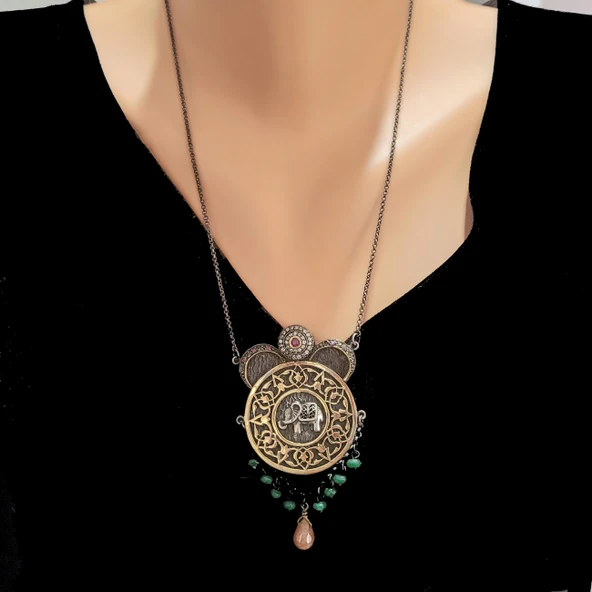 925 Ayar Gümüş ve Bronz Karışımı Fil Desenli Otantik Kolye ürün görseli 1