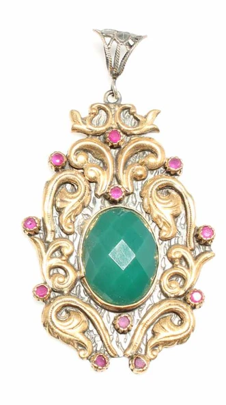 925 Ayar Gümüş Ajur İşlemeli Yeşim Taş Otantik Kolye Ucu - Resim 2