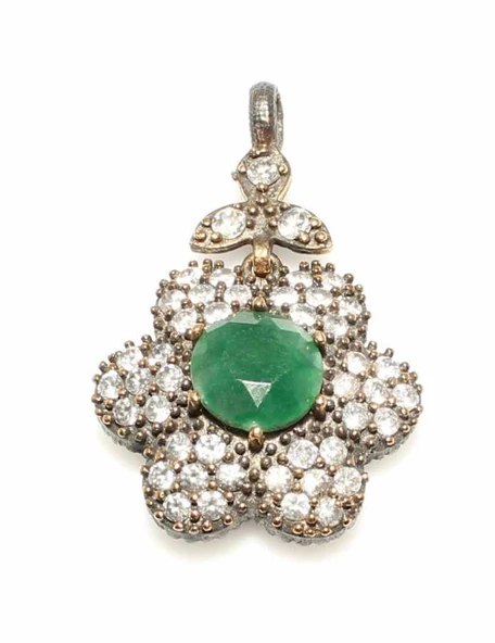925 Ayar Gümüş Bronz Karışımı Minik Çiçek Modeli Zümrüt Taşlı  Kolye Ucu ürün görseli