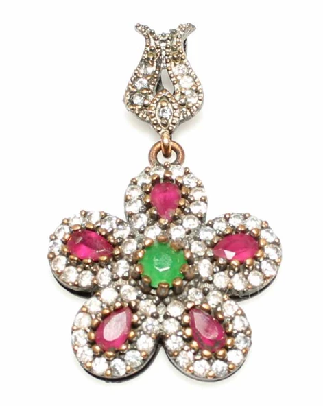 925 Ayar Gümüş Bronz Karışımı Papatya Şeklinde Zümrüt, Yakut Kolye Ucu ürün görseli