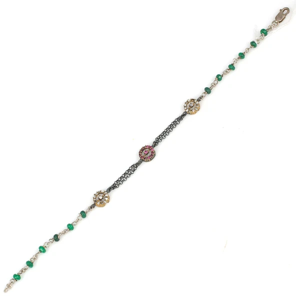 925 Ayar Gümüş ve Bronz Zümrüt Taşlı Otantik Bileklik - Resim 3