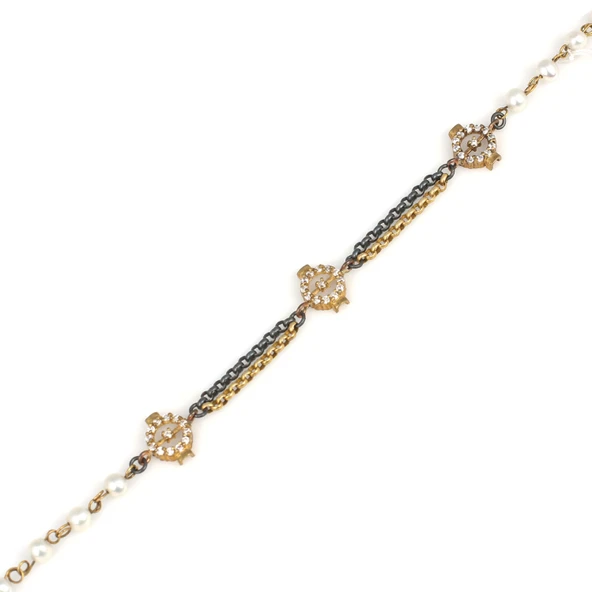 925 Ayar Gümüş ve Bronz Karışımı İnci Taşlı Otantik Bileklik ürün görseli