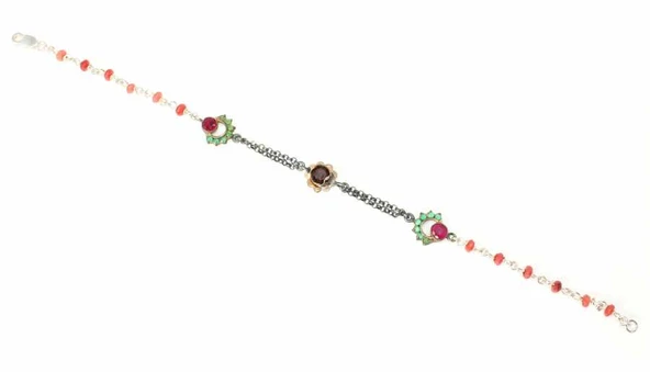 925 Ayar Gümüş ve Bronz Karışımı Zümrüt ve Yakut Taşlı Otantik Bileklik - Resim 2