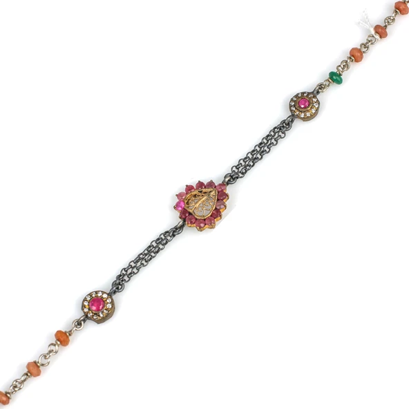 925 Ayar Gümüş ve Bronz Karışımı Yakut ve Zümrüt Taşlı Otantik Bileklik ürün görseli 1