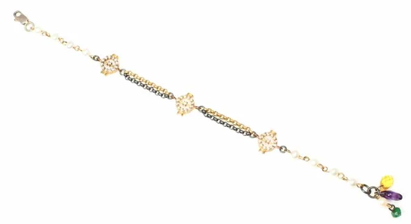 925 Ayar Gümüş ve Bronz Karışımı İnci Taşlı Otantik Bileklik - Resim 2