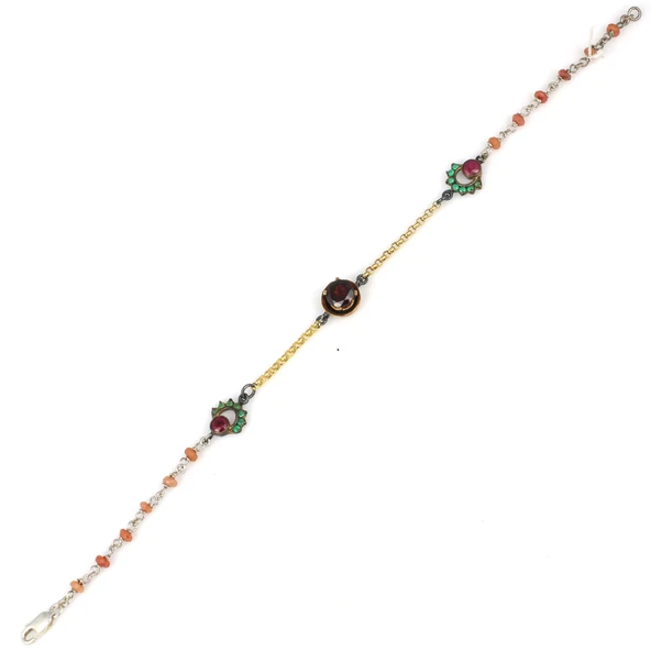 925 Ayar Gümüş ve Bronz Karışımı Zümrüt ve Yakut Taşlı Otantik Bileklik - Resim 3