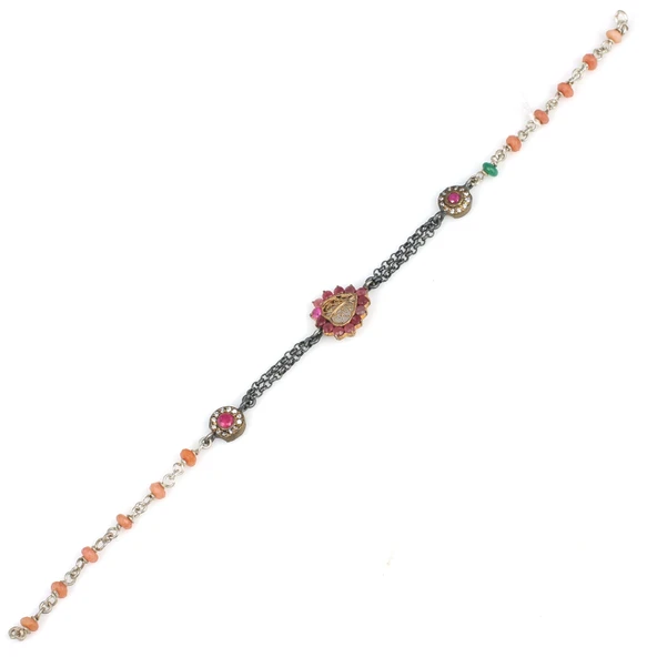 925 Ayar Gümüş ve Bronz Karışımı Yakut ve Zümrüt Taşlı Otantik Bileklik - Resim 3