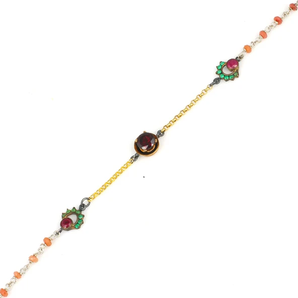 925 Ayar Gümüş ve Bronz Karışımı Zümrüt ve Yakut Taşlı Otantik Bileklik - Resim 4