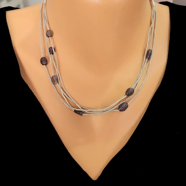 925 Ayar Gümüş Turmalin Taşlı Şarnel Kolye - Resim 3