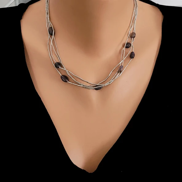 925 Ayar Gümüş Turmalin Taşlı Şarnel Kolye ürün görseli