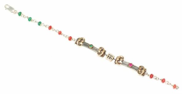 925 Ayar Gümüş ve Bronz Karışımı Top Zümrüt ve Yakut Taşlı Otantik Bileklik - Resim 2