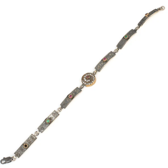 925 Ayar Gümüş ve Bronz Karışımı Dikdörtgen Model Yakut Taşlı Otantik Bileklik - Resim 3