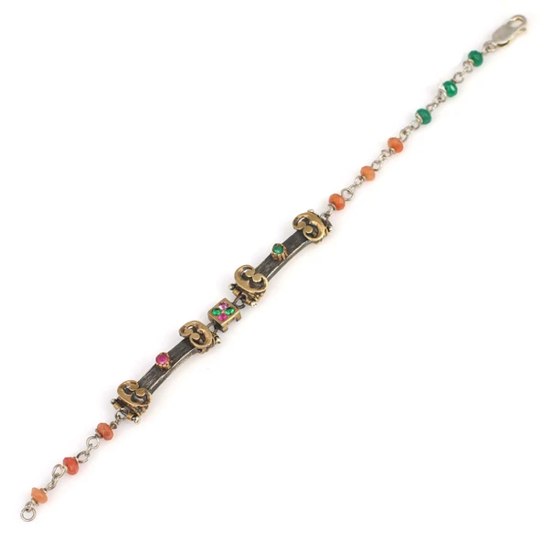925 Ayar Gümüş ve Bronz Karışımı Top Zümrüt ve Yakut Taşlı Otantik Bileklik - Resim 3