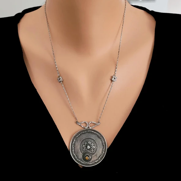 925 Ayar Gümüş Melek Kanadı Taşlı El İşi Zincir Kolye ürün görseli