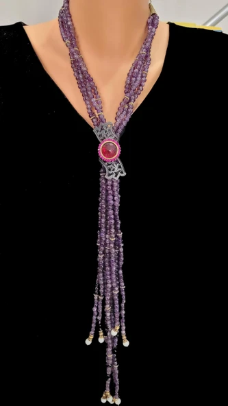 925 Ayar Gümüş Ametist Taşlı Altın Yaldızlı Kolye - Resim 2