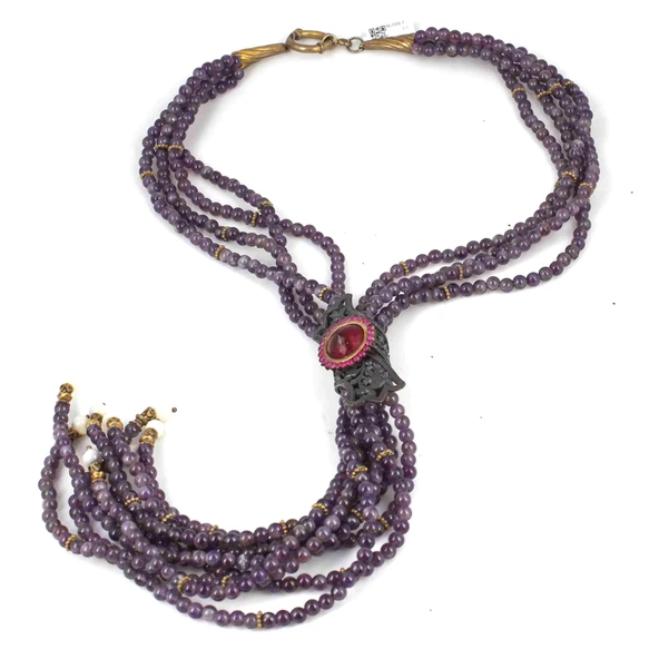 925 Ayar Gümüş Ametist Taşlı Altın Yaldızlı Kolye - Resim 3