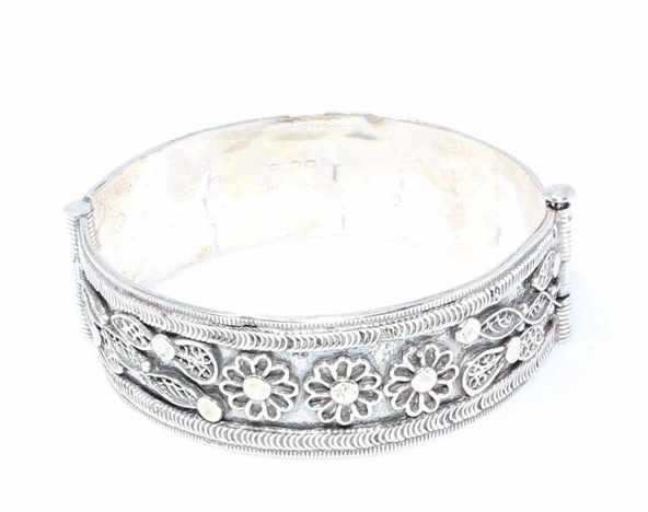 925 Ayar Gümüş Çiçek Desenli Telkari Bilezik - Resim 3
