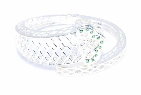 925 Ayar Gümüş Yeşil Taşlı Ajur Bilezik - Resim 2