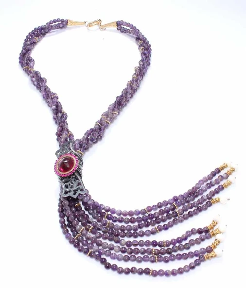 925 Ayar Gümüş Ametist Taşlı Altın Yaldızlı Kolye - Resim 5