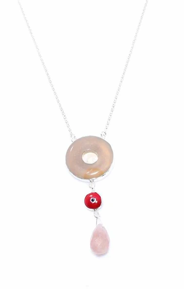 925 Ayar Gümüş Damla Ametist Taşlı Nazar Boncuklu Kolye - Resim 3