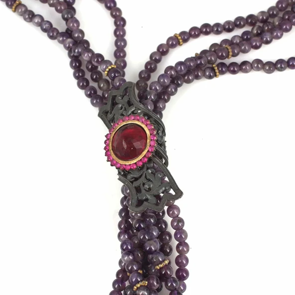 925 Ayar Gümüş Ametist Taşlı Altın Yaldızlı Kolye - Resim 4