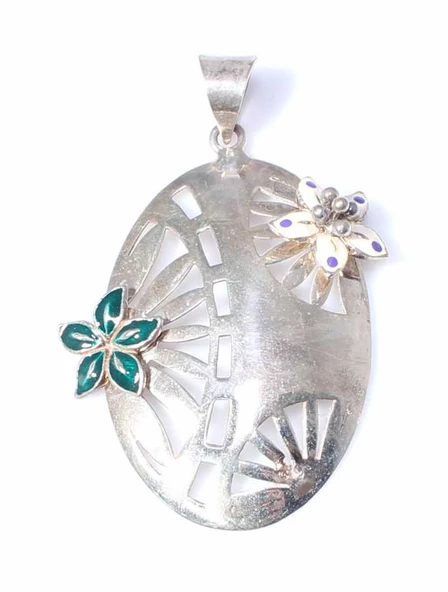 925 Ayar Gümüş Oval Mineli Çiçekli Kolye Ucu ürün görseli