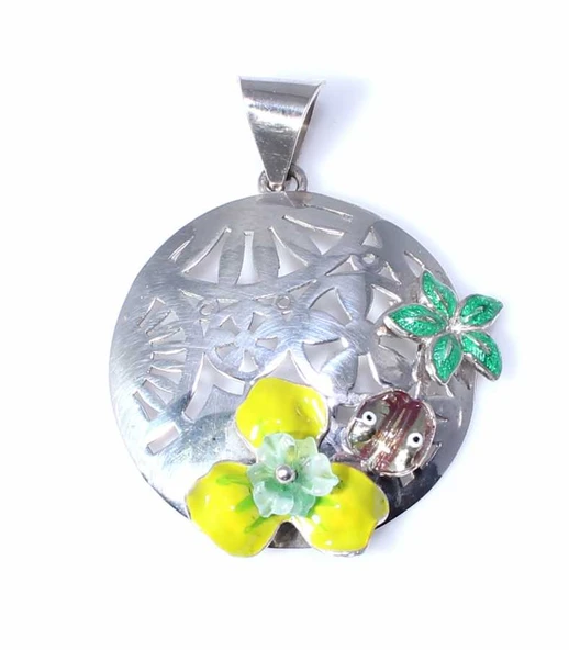 925 Ayar Gümüş Yuvarlak Uğur Böcekli Çiçekli Kolye Ucu ürün görseli