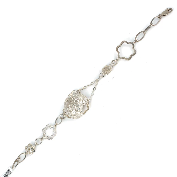 925 Ayar Gümüş Yarım Top Çiçekli Zincir Bileklik - Resim 2