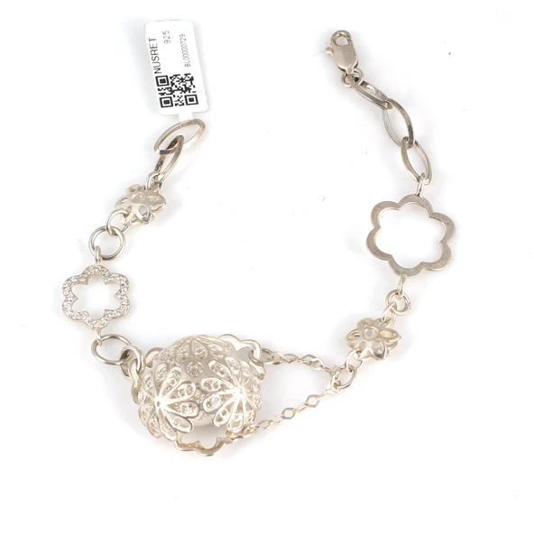 925 Ayar Gümüş Yarım Top Çiçekli Zincir Bileklik ürün görseli