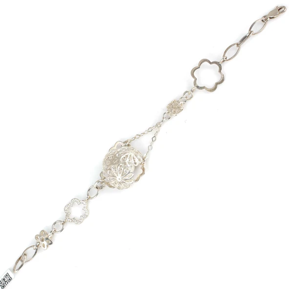 925 Ayar Gümüş Yarım Top Çiçekli Zincir Bileklik - Resim 3