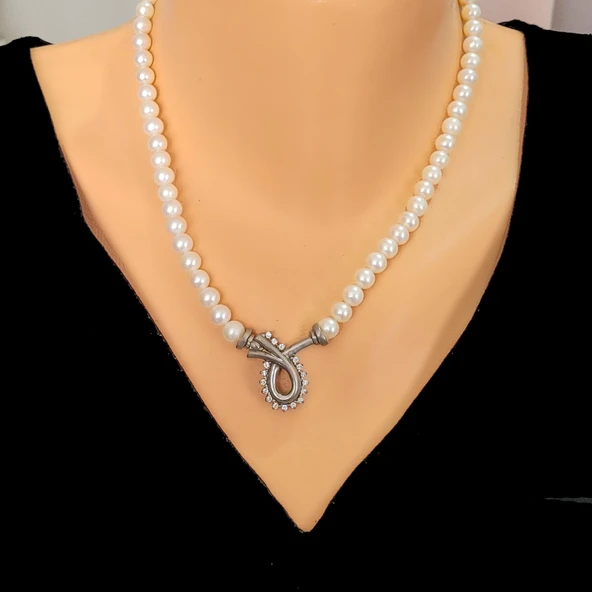 Taşlı 925 Ayar Gümüş İnci Kolye ürün görseli