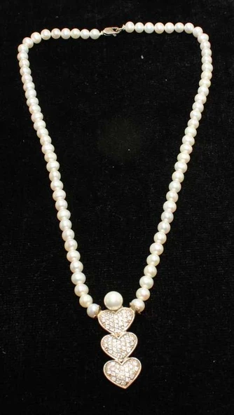 925 Ayar Gümüş Taşlı Kalp Modeli İnci Kolye - Resim 2