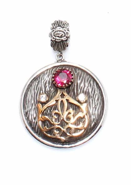 925 Ayar Gümüş ve Bronz Desenli Kırmızı Taşlı Kolye Ucu ürün görseli