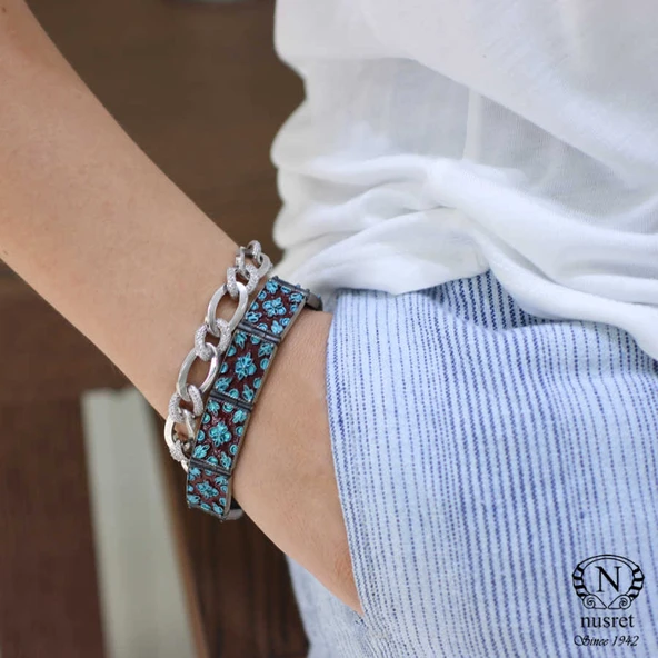 925 Ayar Gümüş İçi Boş Taşlı Zincir Bileklik - Resim 3