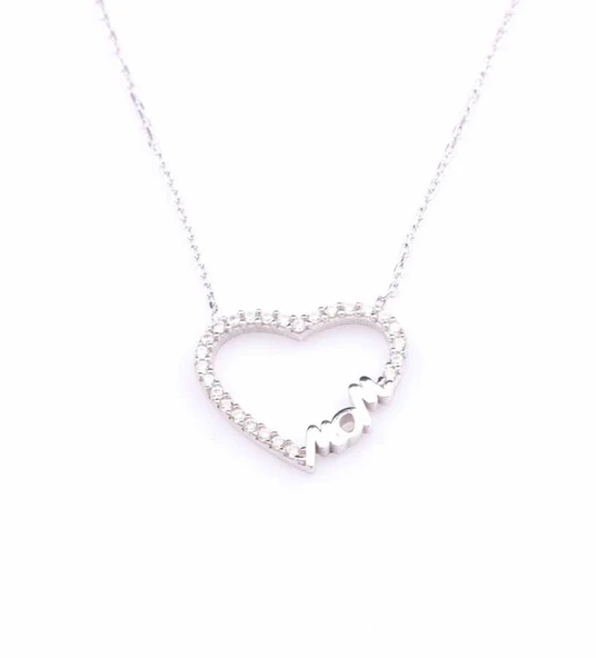 925 Ayar Gümüş Mom Yazılı Kalp Kolye - Resim 6