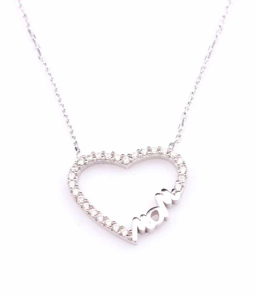 925 Ayar Gümüş Mom Yazılı Kalp Kolye - Resim 4